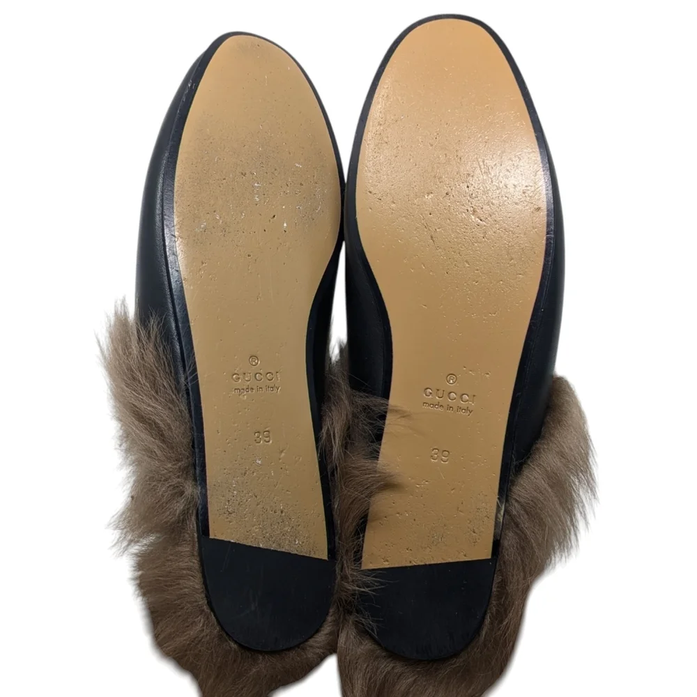 Gucci Black Leather Fur Princetown Mule Loafer Size EU 39 - Picture 7 of 9